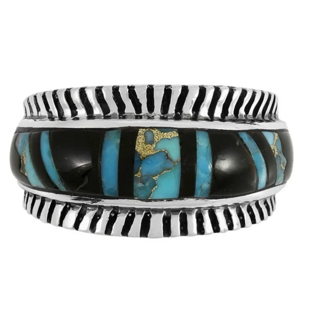 Southwestern Sterling Silver Turquoise & Black Onyx Inlay Band Ring New